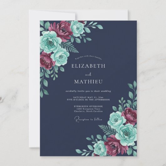 Navy Blue Lush Winter Wedding 招待状 (正面)