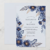 Navy Blue Lustrous Floral Wedding 招待状 (正面/裏面)