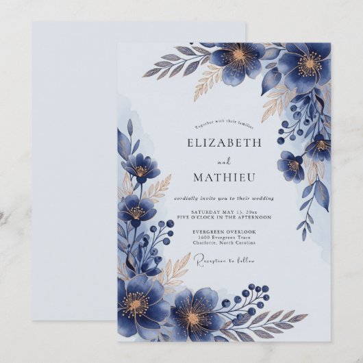 Navy Blue Lustrous Floral Wedding 招待状 (正面/裏面)