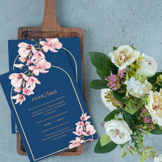 Navy Blue Magnolia Floral Wedding Details エンクロージャーカード