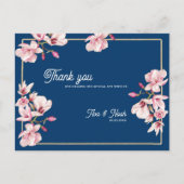 Navy Blue Magnolia Floral Wedding Thank You ポストカード (正面)
