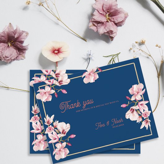 Navy Blue Magnolia Floral Wedding Thank You ポストカード