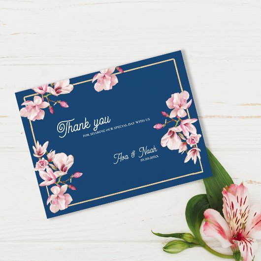 Navy Blue Magnolia Floral Wedding Thank You ポストカード