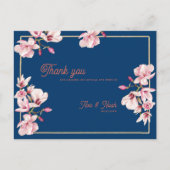 Navy Blue Magnolia Floral Wedding Thank You ポストカード (正面)