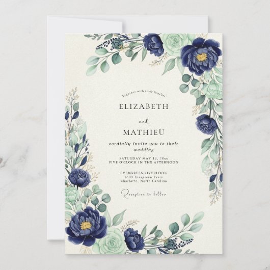 Navy Blue Majestic Botanical Wedding 招待状 (正面)