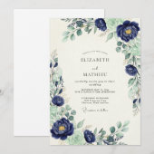 Navy Blue Majestic Botanical Wedding 招待状 (正面/裏面)
