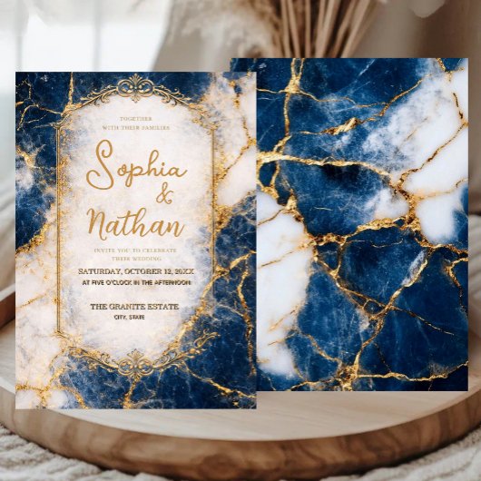 Navy Blue Marble Wedding Invitation Gold Luxury 招待状