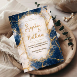 Navy Blue Marble Wedding Invitation Gold Luxury  招待状