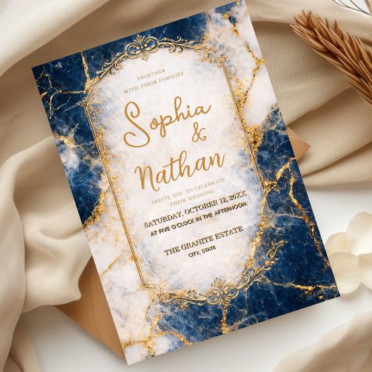 Navy Blue Marble Wedding Invitation Gold Luxury  招待状