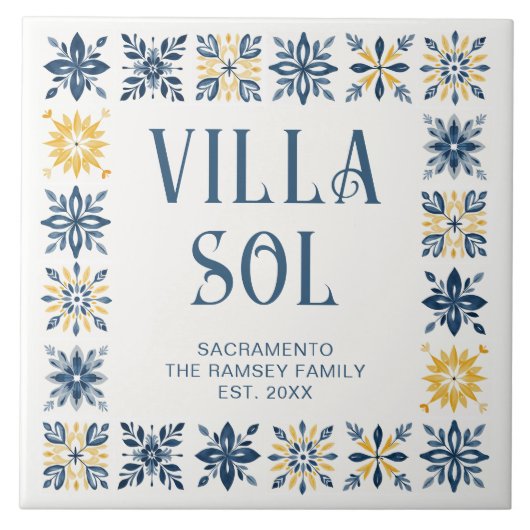 Navy Blue Mediterranean Design Floral Geometric タイル (正面)