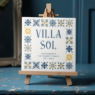 Navy Blue Mediterranean Design Floral Geometric  タイル