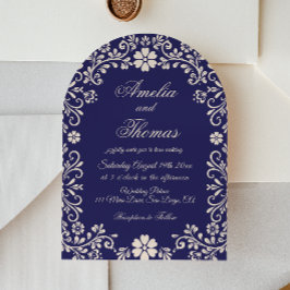 Navy Blue Mexican Floral Wedding Invitation 招待状