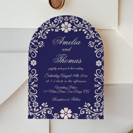 Navy Blue Mexican Floral Wedding Invitation 招待状