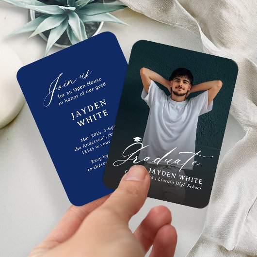 Navy Blue Mini Modern Script Photo Graduation エンクロージャーカード