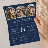 Navy Blue Minimal Arch Photo QR code Wedding 招待状