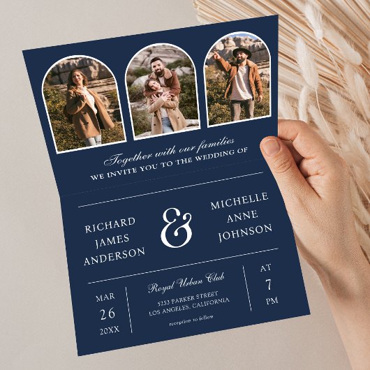 Navy Blue Minimal Arch Photo QR code Wedding 招待状