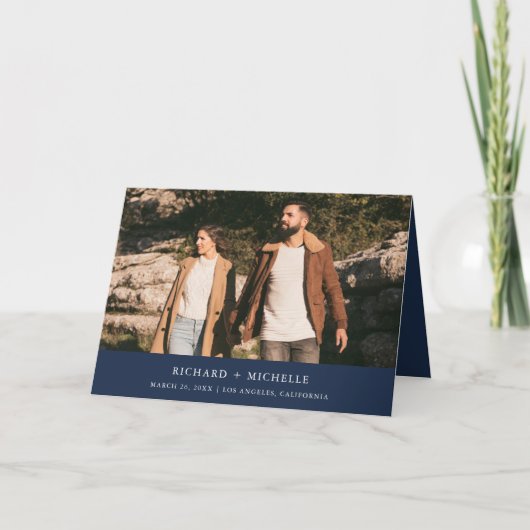 Navy Blue Minimal Arch Photo QR code Wedding 招待状 (正面)