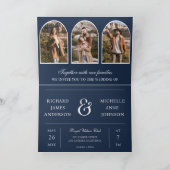 Navy Blue Minimal Arch Photo QR code Wedding 招待状 (内部)