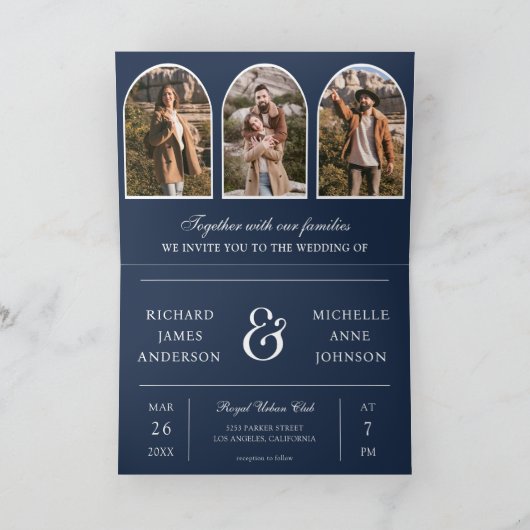 Navy Blue Minimal Arch Photo QR code Wedding 招待状 (内部)