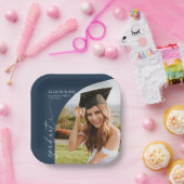 Navy Blue Minimal Minimalist Photo Arch Graduation ペーパープレート (パーティー)