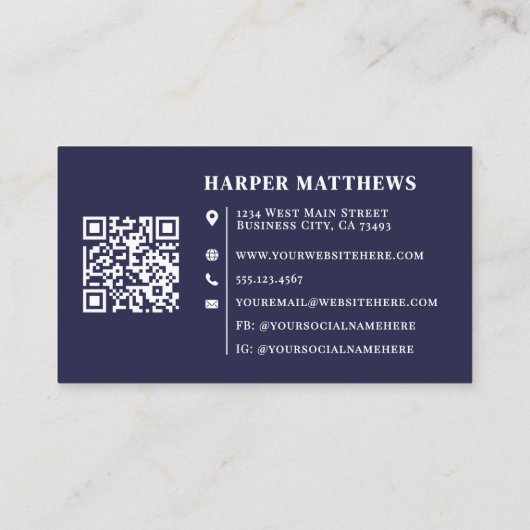 Navy Blue Minimalist Professional Logo QR Code 名刺 (裏面)