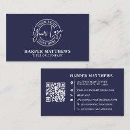 Navy Blue Minimalist Professional Logo QR Code 名刺