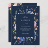 Navy Blue Minimalist Wildflower Floral Wedding 招待状 (正面/裏面)