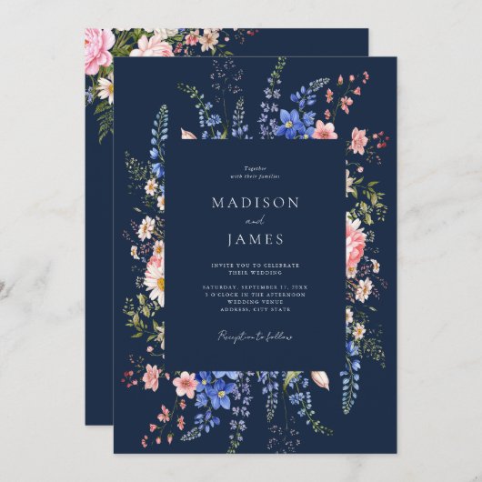 Navy Blue Minimalist Wildflower Floral Wedding 招待状 (正面/裏面)