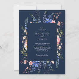 Navy Blue Minimalist Wildflower Floral Wedding 招待状