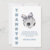 Navy Blue Modern Bow Soccer Sport Boy Baby Shower  サンキューカード (正面)