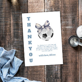 Navy Blue Modern Bow Soccer Sport Boy Baby Shower  サンキューカード