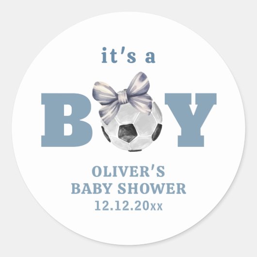 Navy Blue Modern Bow Soccer Sport Boy Baby Shower  ラウンドシール (正面)