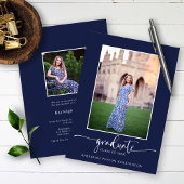 Navy Blue Modern Elegant Script Graduation Photo 案内状
