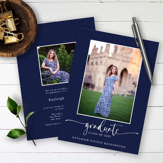 Navy Blue Modern Elegant Script Graduation Photo 案内状