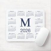 Navy Blue Monogram 2026 Calendar on White マウスパッド (マウス)