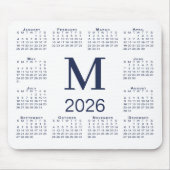 Navy Blue Monogram 2026 Calendar on White マウスパッド (正面)