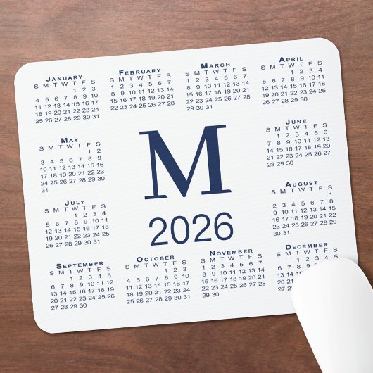Navy Blue Monogram 2026 Calendar on White マウスパッド