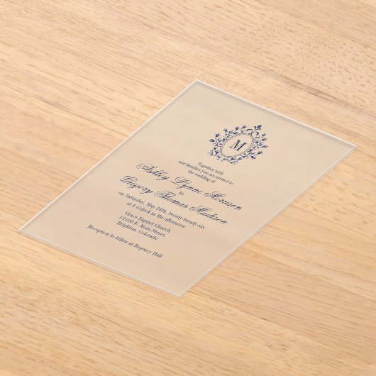 Navy Blue Monogram Acrylic Wedding Invitation アクリル招待状 (レイダウン)