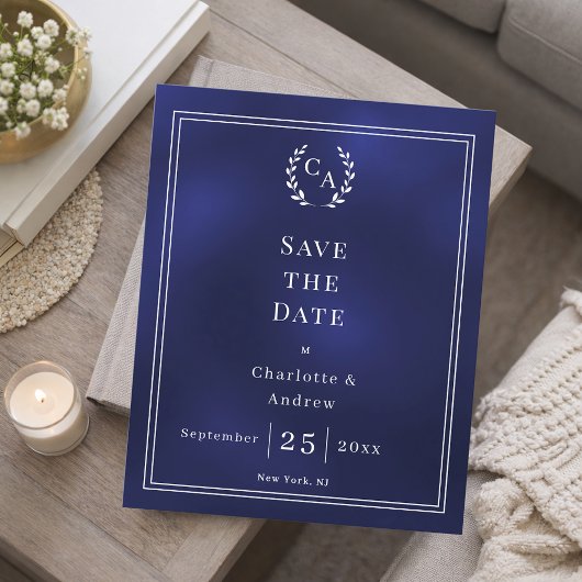 Navy blue monogram budget wedding Save the Date  チラシ