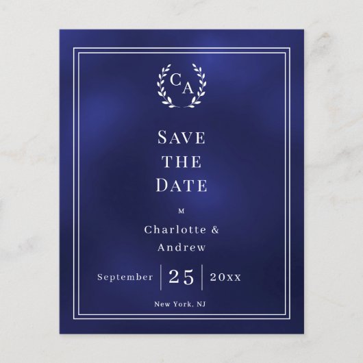 Navy blue monogram budget wedding Save the Date  チラシ (正面)