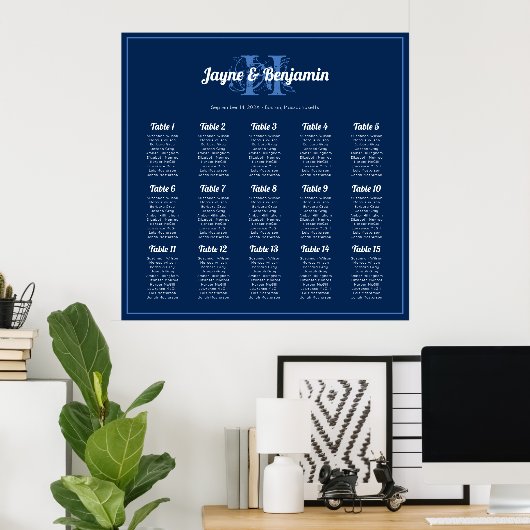 Navy Blue Monogram Seating Chart Square Poster ポスター (ホームオフィス)