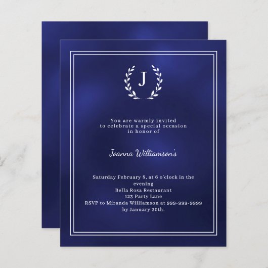Navy blue monogram wreath age-neutral invitation (正面/裏面)