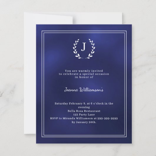 Navy blue monogram wreath age-neutral invitation (正面)