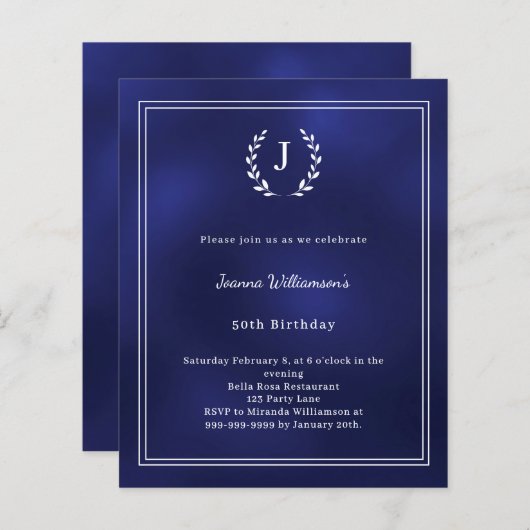 Navy blue monogram wreath birthday invitation (正面/裏面)