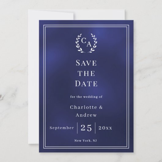 Navy blue monogram wreath wedding セーブザデート (正面)