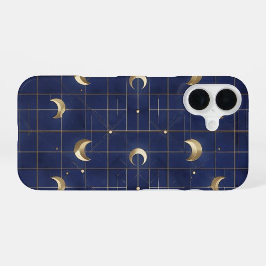 Navy Blue Moon and Gold Grid Design iPhone 16ケース (裏面横)