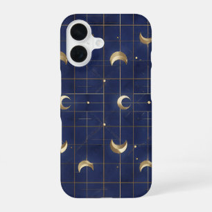 Navy Blue Moon and Gold Grid Design iPhone 16ケース