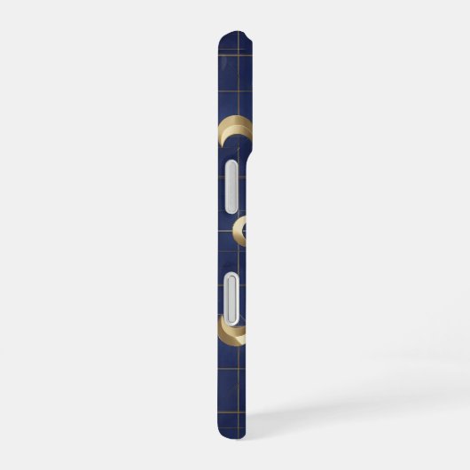 Navy Blue Moon and Gold Grid Design iPhone 16ケース (右側面)