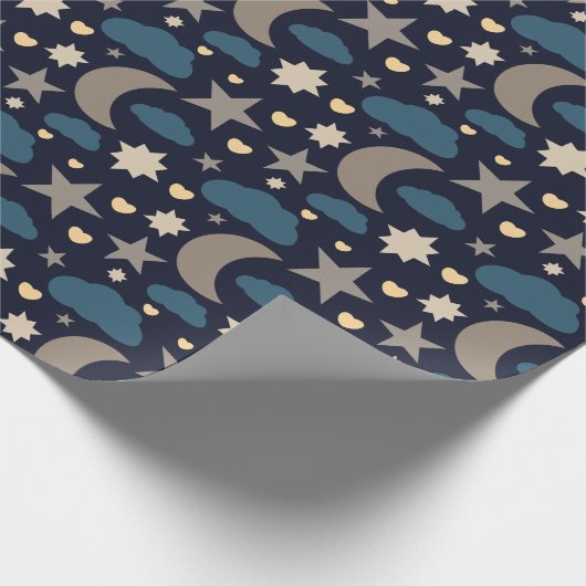 Navy Blue Moon Stars and Clouds Gift Wrap ラッピングペーパー (角)