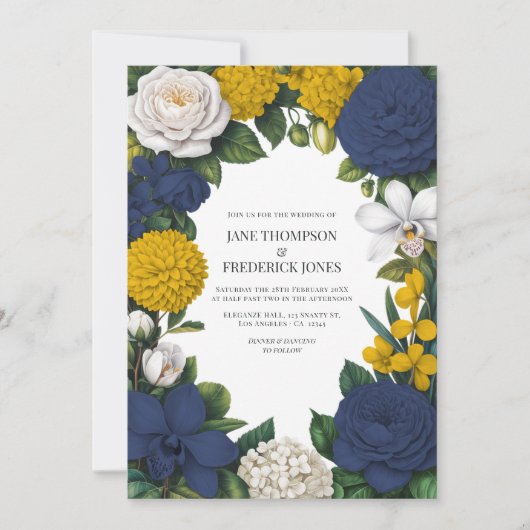 Navy Blue, Mustard Yellow & White Floral Wedding 招待状 (正面)